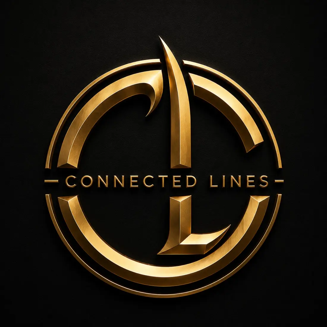 Connected Lines circular gold monogram with the company name across the centre
